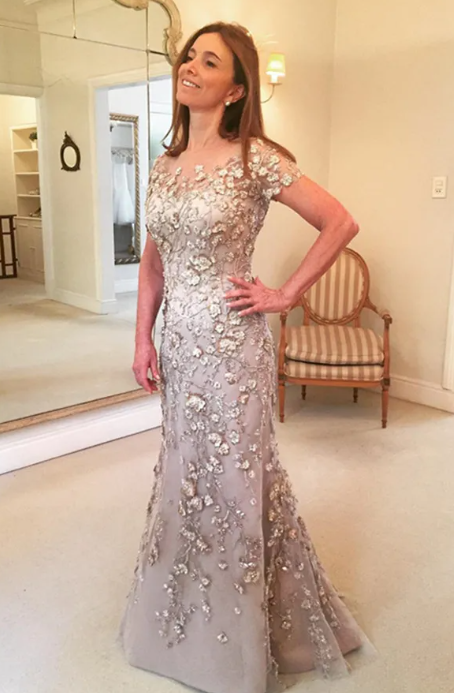 Mermaid Short-Sleeves Appliques Glamorous Floor-Length Evening Dress