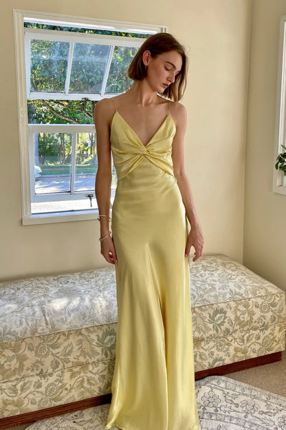 Chic Sheath Spaghetti Straps Yellow Long Party Dress with Keyhole Back Prom Dresses