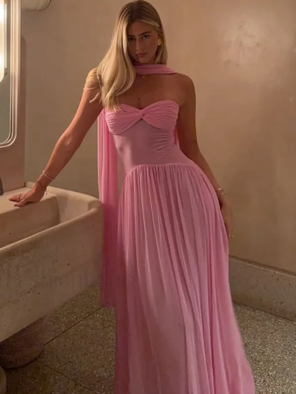 Elegant tube top Scarf Collar Mesh Pink Maxi Dress Prom Dresses