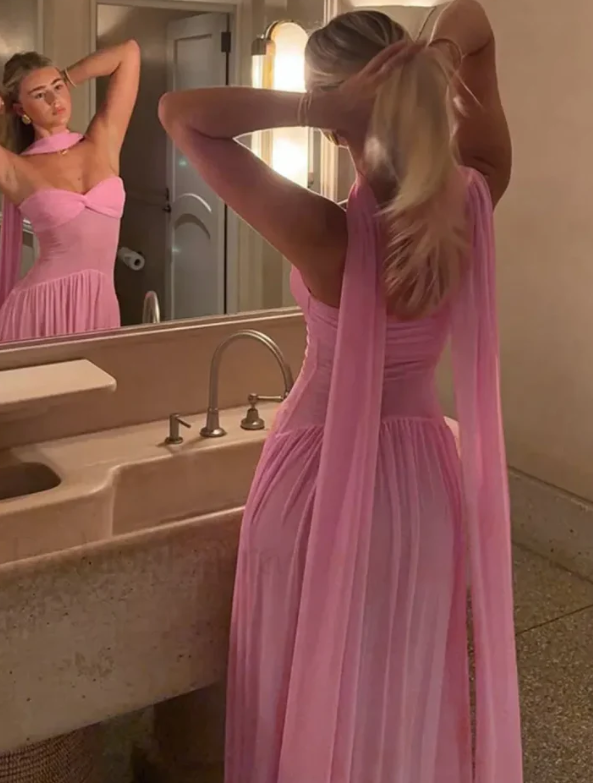 Elegant tube top Scarf Collar Mesh Pink Maxi Dress Prom Dresses