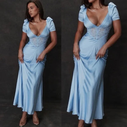 Soft Blue Pure Short Sleeve Silk & Lace Dress Prom Dresses