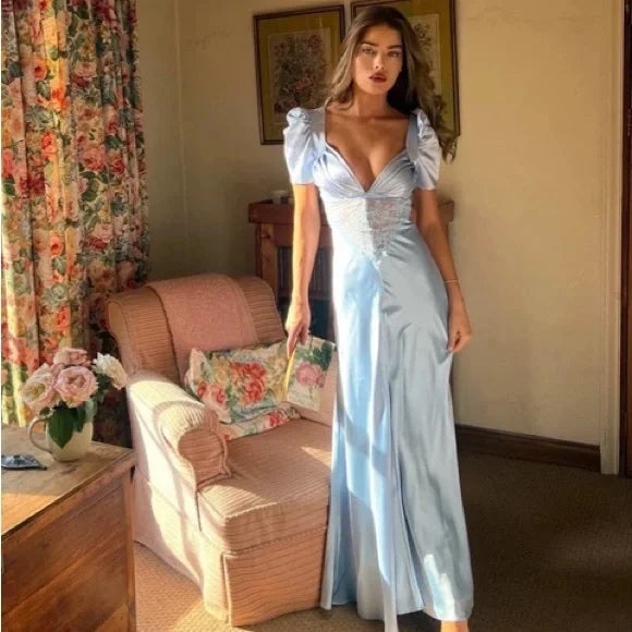 Soft Blue Pure Short Sleeve Silk & Lace Dress Prom Dresses