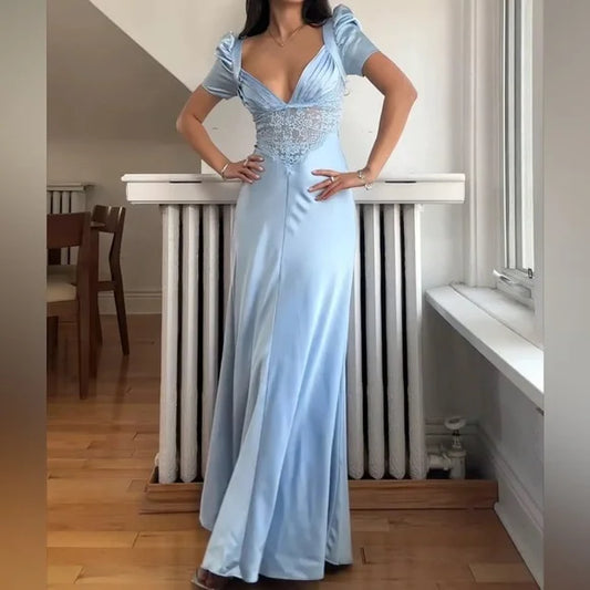 Soft Blue Pure Short Sleeve Silk & Lace Dress Prom Dresses