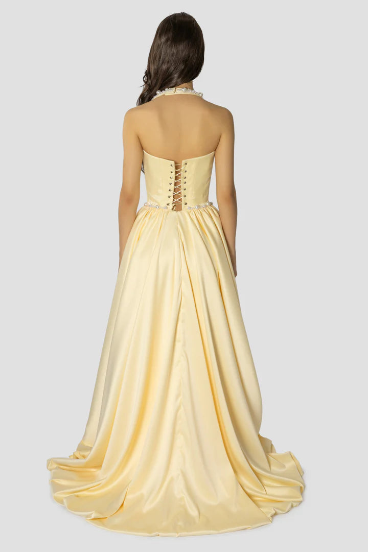 Elegant Halter Sleeveless Pearls Backless Embroidered Sweep Dress Prom Dresses