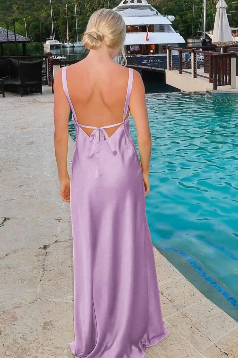 Minimalist Spaghetti Straps Backless Sheath V-Neck Tie-Back Maxi Dress with Slit