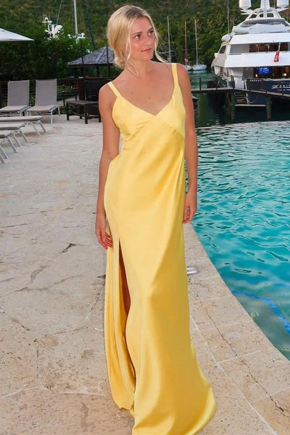 Minimalist Spaghetti Straps Backless Sheath V-Neck Tie-Back Maxi Dress with Slit