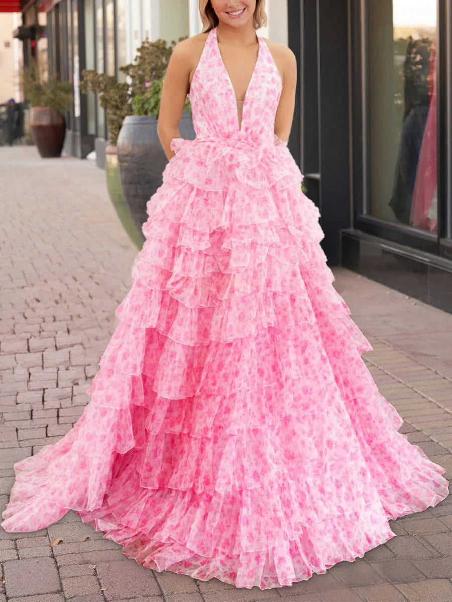 Fashion Pink Halter Tulle Printed Ruffle Tiered A Line Prom Dresses