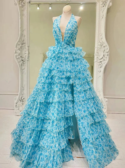 Fashion Pink Halter Tulle Printed Ruffle Tiered A Line Prom Dresses