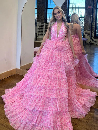 Fashion Pink Halter Tulle Printed Ruffle Tiered A Line Prom Dresses