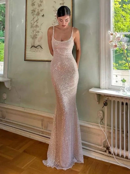 Sexy Pink Mermaid Straps Sequin Prom Dresses With Split