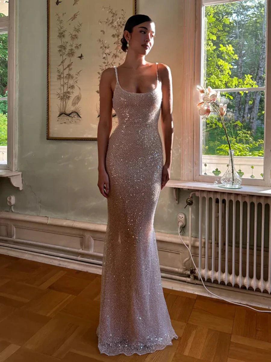 Sexy Pink Mermaid Straps Sequin Prom Dresses With Split