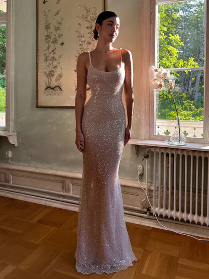Sexy Pink Mermaid Straps Sequin Prom Dresses With Split