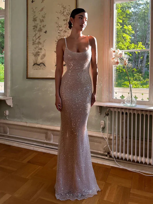 Sexy Pink Mermaid Straps Sequin Prom Dresses With Split