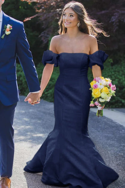 Elegant Yellow Satin Strapless Mermaid Pleated Long Formal Prom Dress with Sleeves