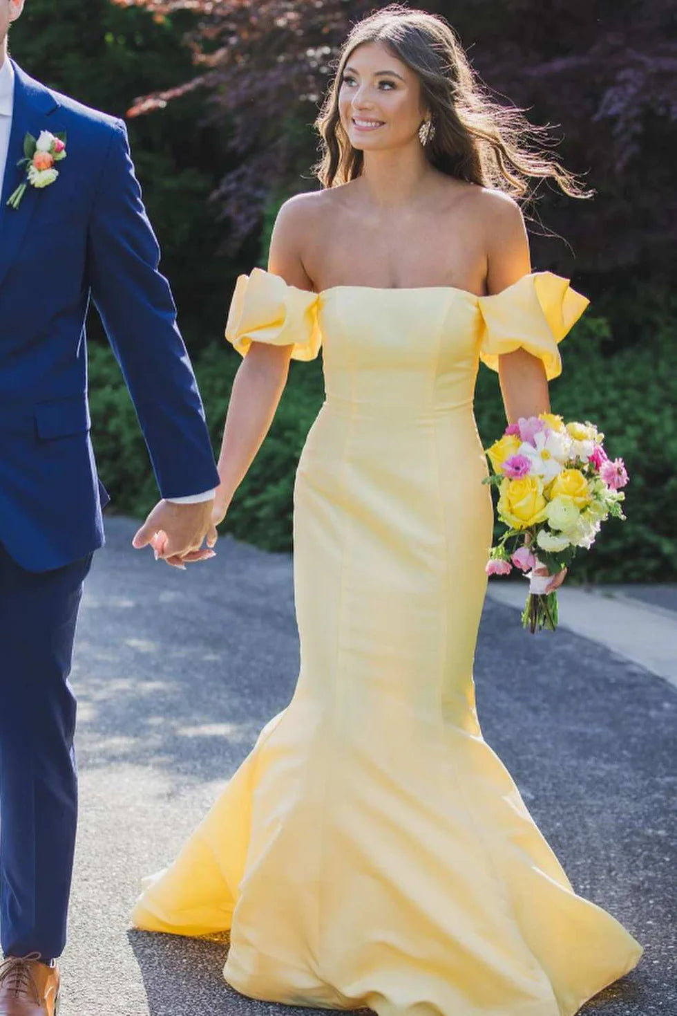 Elegant Yellow Satin Strapless Mermaid Pleated Long Formal Prom Dress with Sleeves
