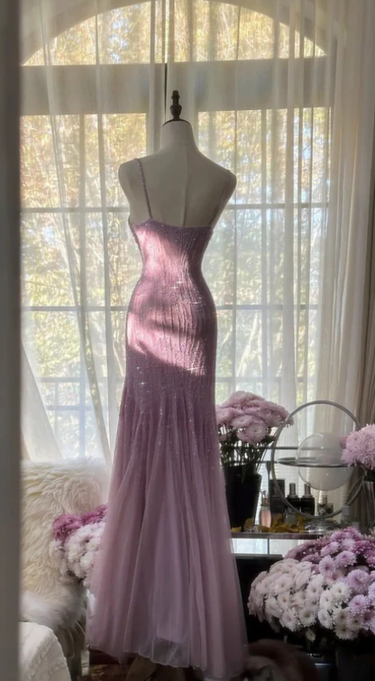 Elegant Purple Elegant Mermaid Spaghetti Strap Tulle Sequin Prom Dress Evening Gown