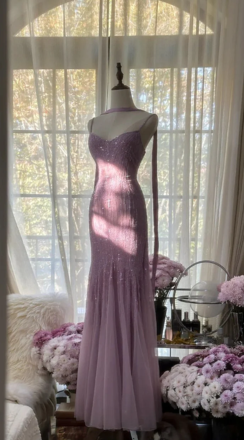 Elegant Purple Elegant Mermaid Spaghetti Strap Tulle Sequin Prom Dress Evening Gown