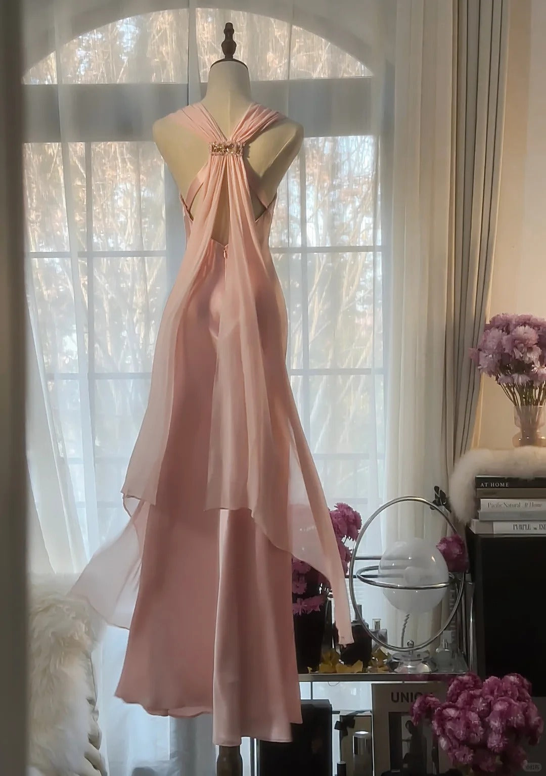 Elegant Pink Chiffon V-Neck Simple Long Prom Dress