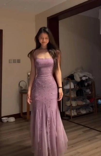 Shiny Spaghetti Strap Sleeveless Mermaid Tulle Evening Prom Dresses