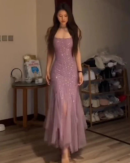 Shiny Spaghetti Strap Sleeveless Mermaid Tulle Evening Prom Dresses