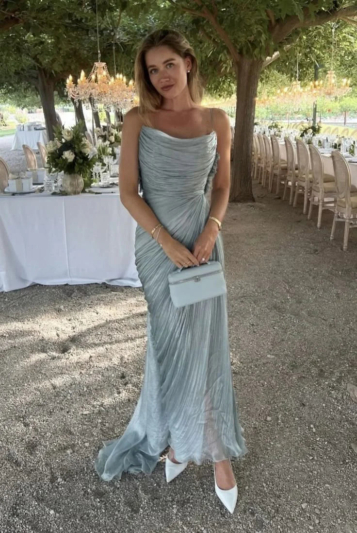 Sexy Spaghetti Straps Blue Tulle Pleated Evening Dress Elegant Prom Dr ...