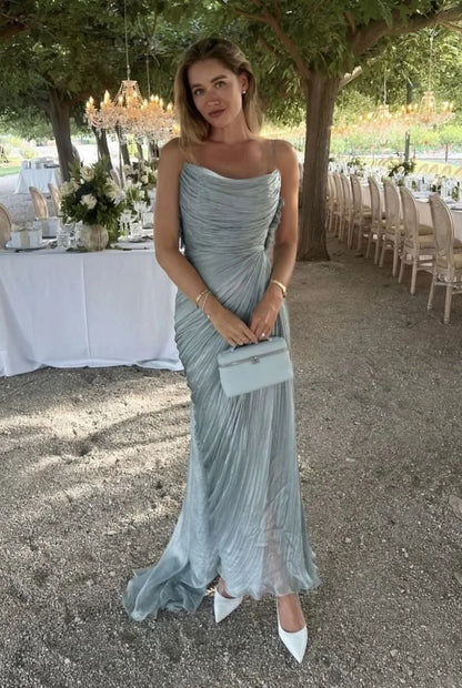 Sexy Spaghetti Straps Blue Tulle Pleated Evening Dress Elegant Prom Dress