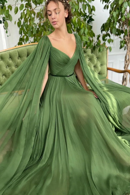 Elegant Green Long Sleeves Formal Belt Ruched Prom Dress Tulle With Split