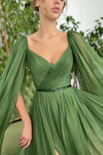 Elegant Green Long Sleeves Formal Belt Ruched Prom Dress Tulle With Split