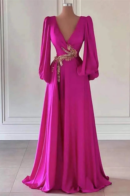 Fuchsia Dark V Neck A Line Long Sleeves Long Prom Dress With Embellishment