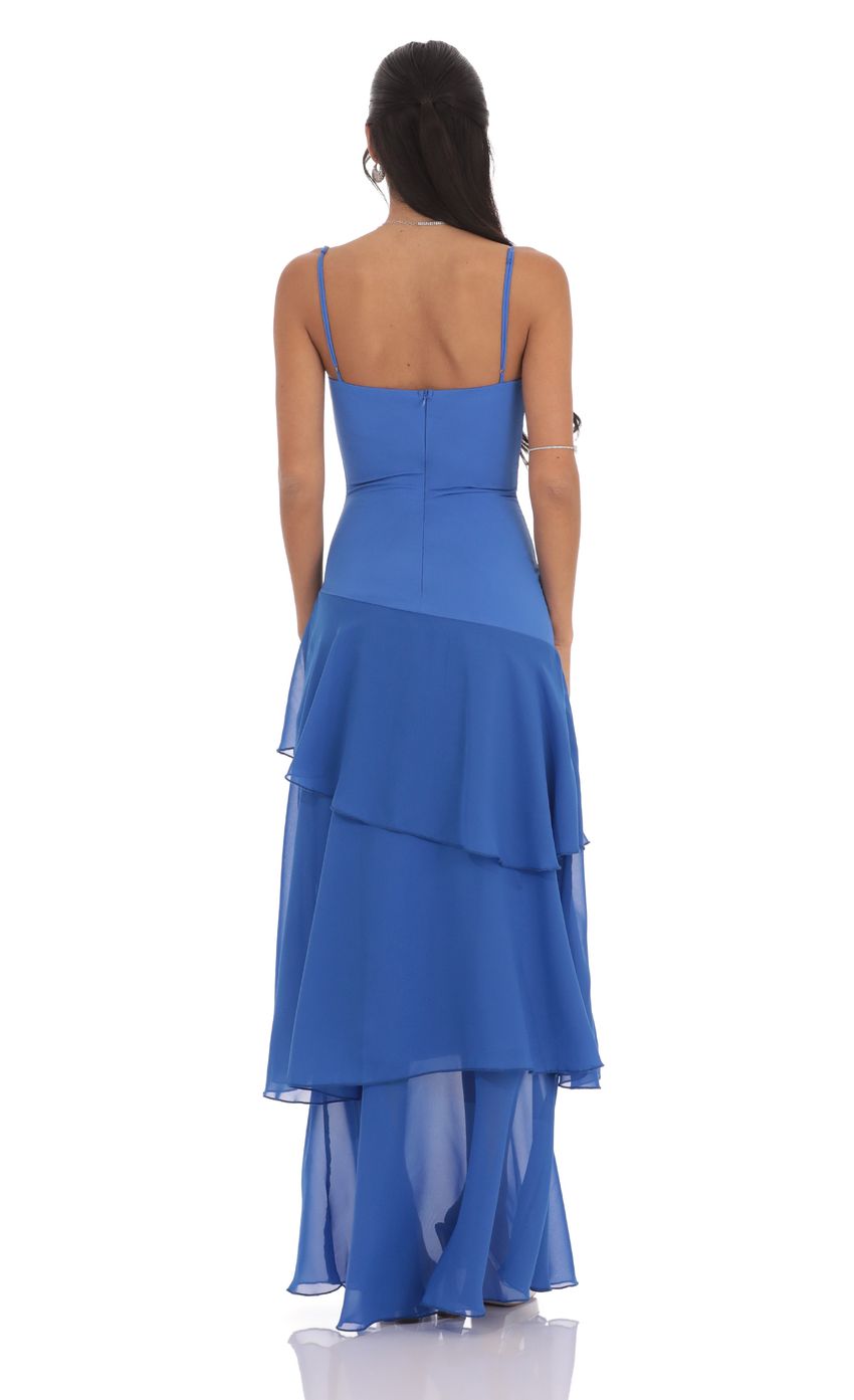 Chic Spaghetti Straps Ruffle Backless Maxi Dress in Blue Prom Dresses