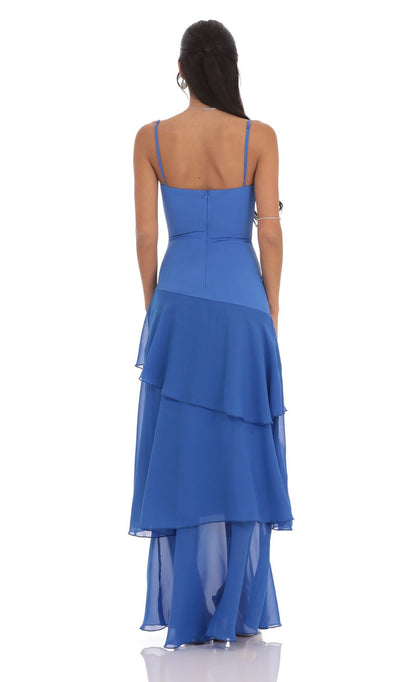 Chic Spaghetti Straps Ruffle Backless Maxi Dress in Blue Prom Dresses