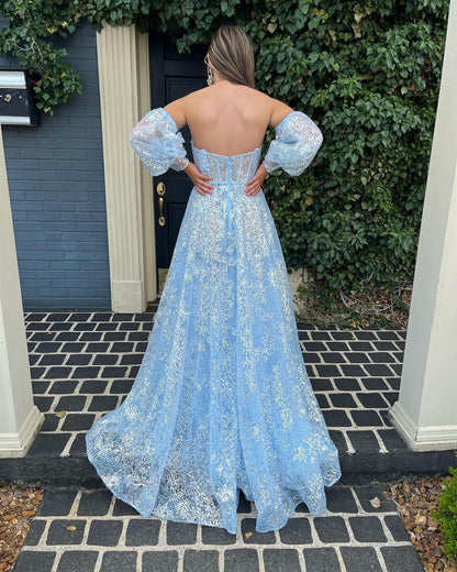 Cute A Line Sweetheart Light Blue Sequins Lace Prom Dresses with Detachable Sleeves