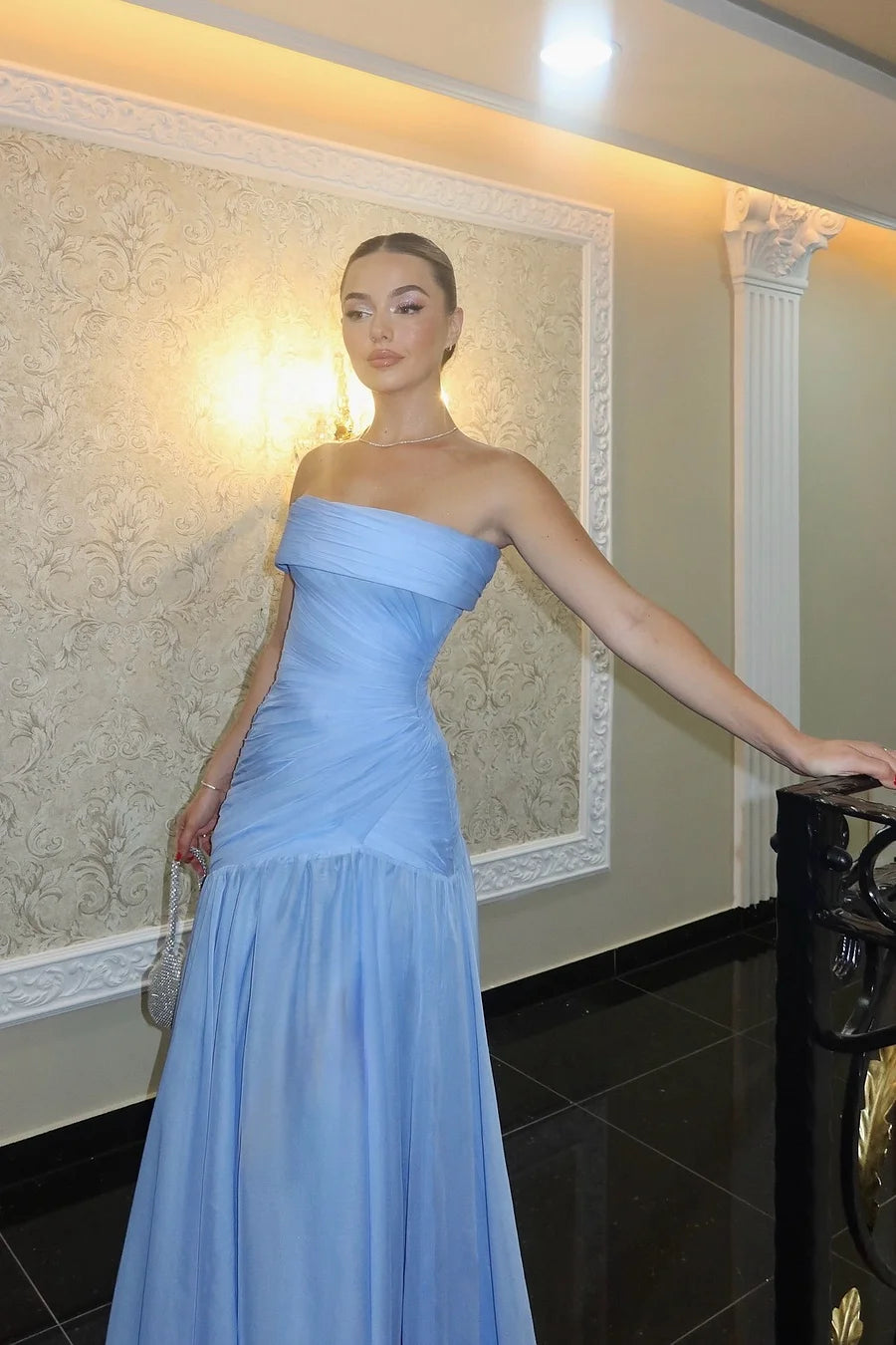 Chic Blue Strapless Sleeveless A Line Long Prom Dress With Pleated