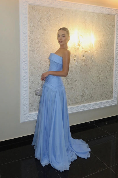 Chic Blue Strapless Sleeveless A Line Long Prom Dress With Pleated