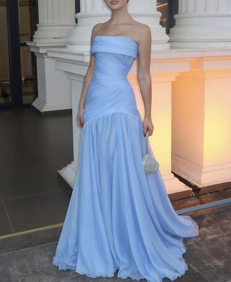 Chic Blue Strapless Sleeveless A Line Long Prom Dress With Pleated