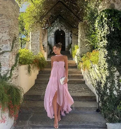 Sexy tube top Ruched Ruffle Strapless Maxi Dress Prom Dresses