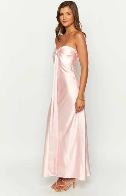 Chic Pink Satin Ruched Strapless Maxi Dress Prom Dresses