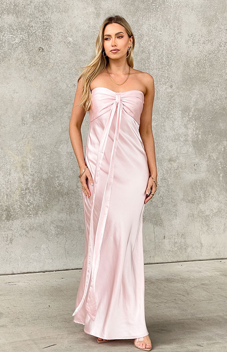 Chic Pink Satin Ruched Strapless Maxi Dress Prom Dresses