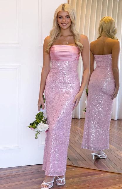 Sexy tube top Pink Sequin Strapless Formal Maxi Dress Prom Dresses