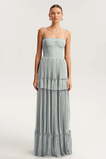 Elegant Spaghetti Strap Sleeveless Long Prom Dress With Ruffles