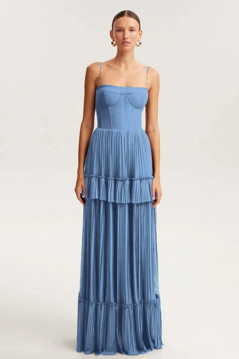 Elegant Spaghetti Strap Sleeveless Long Prom Dress With Ruffles