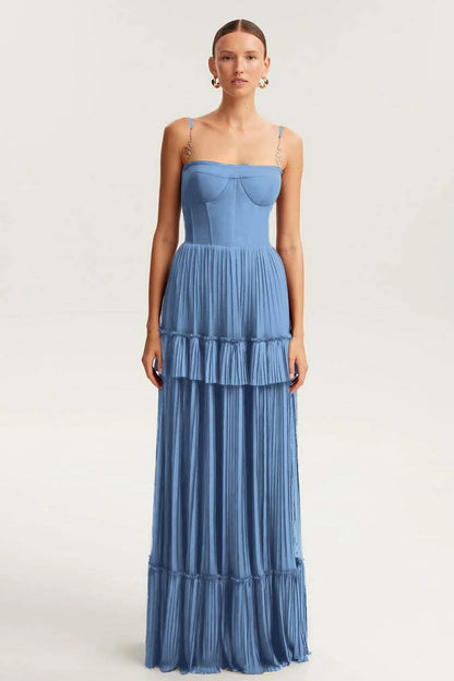 Elegant Spaghetti Strap Sleeveless Long Prom Dress With Ruffles