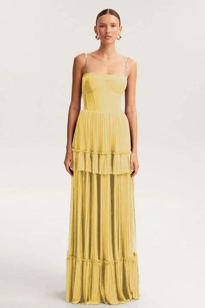 Elegant Spaghetti Strap Sleeveless Long Prom Dress With Ruffles