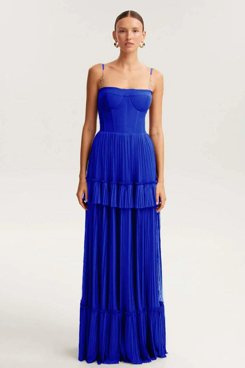 Elegant Spaghetti Strap Sleeveless Long Prom Dress With Ruffles