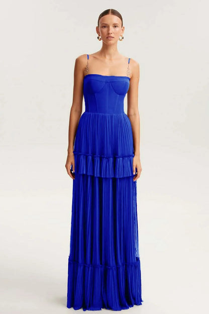 Elegant Spaghetti Strap Sleeveless Long Prom Dress With Ruffles