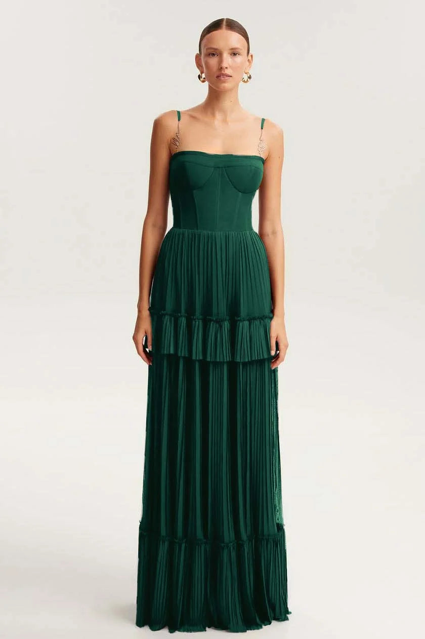 Elegant Spaghetti Strap Sleeveless Long Prom Dress With Ruffles
