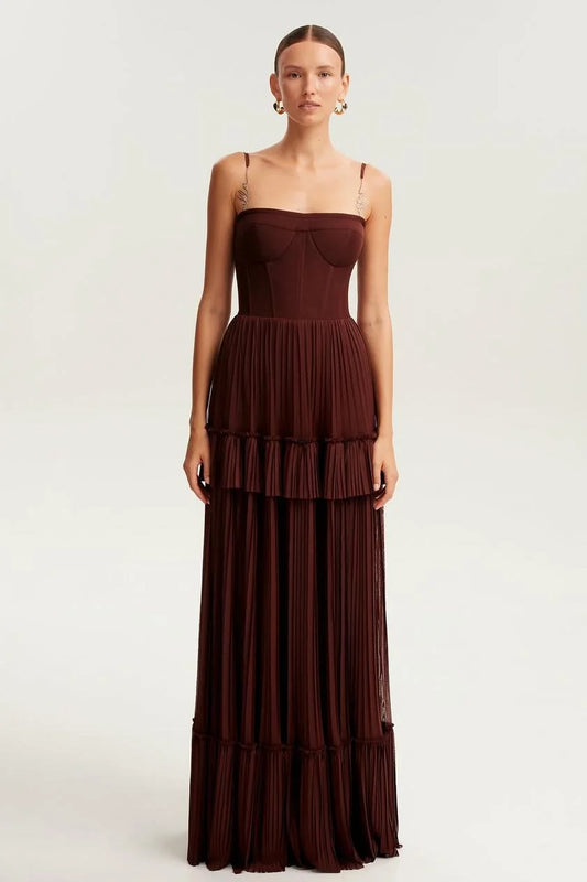 Elegant Spaghetti Strap Sleeveless Long Prom Dress With Ruffles