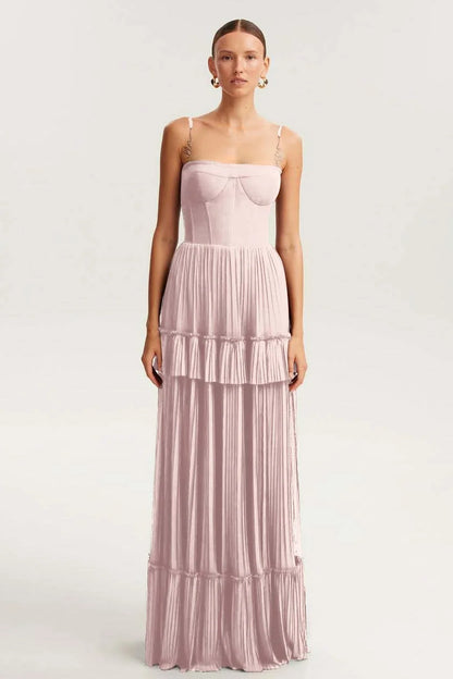 Elegant Spaghetti Strap Sleeveless Long Prom Dress With Ruffles