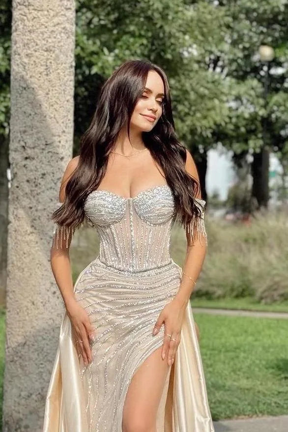 Luxury Champagne Off the Shoulder Sweetheart Beadings Long Prom Dress With Split