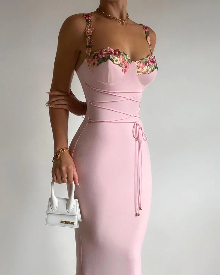 Elegant Pink Applique Spaghetti Strap Prom Dress